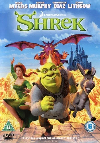 Shrek movie cover art featuring Shrek, Fiona, Donkey, and the dragon on a castle backdrop, with the title 'Shrek' in large green letters and DreamWorks branding.