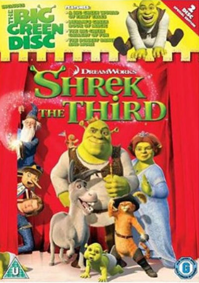Shrek the Third movie DVD cover featuring Shrek, Fiona, Donkey, Puss in Boots, ogre children, and other characters in front of a red curtain, with DreamWorks branding and a Big Green Disc logo.