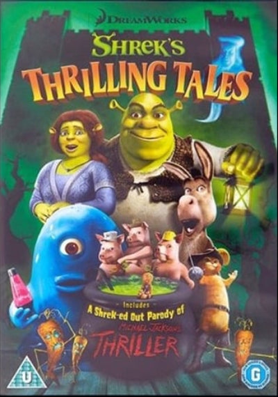 Shrek's Thrilling Tales DVD cover featuring Shrek, Fiona, Donkey, Pigs, and other cartoon characters against a dark green castle background with the title in large orange letters.