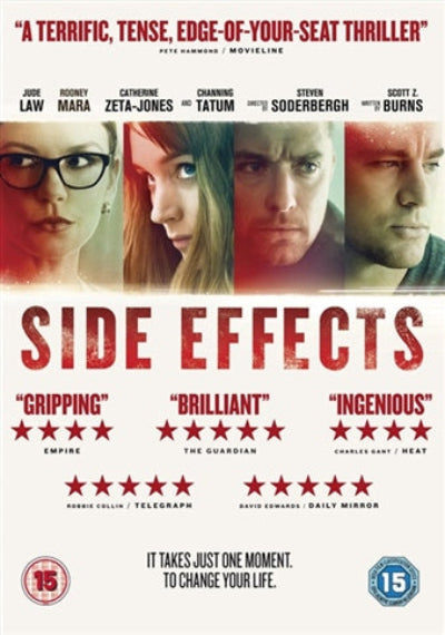 Movie poster for the film 'Side Effects' featuring cast portraits of Rose, Catherine, Zeta, Channing, Steven, and Scott at the top, with large distressed red title text and review quotes below on a white background.