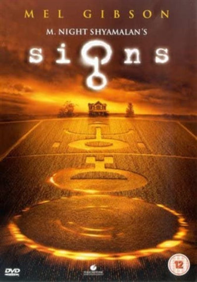 Movie poster for 'Signs' featuring a large 'S' on a cloudy sky background.