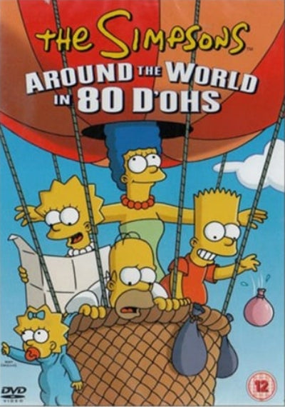 The Simpsons Around the World in 80 D'ohs DVD cover featuring the Simpson family in a hot air balloon, with the title at the top and a DVD logo in the lower left corner.