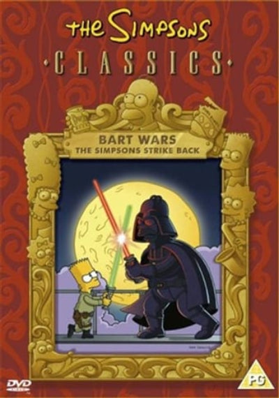 DVD cover for 'The Simpsons Classics: Bart Wars: The Simpsons Strike Back' featuring Bart and Darth Vader in a lightsaber duel inside an ornate gold frame on a red patterned background.