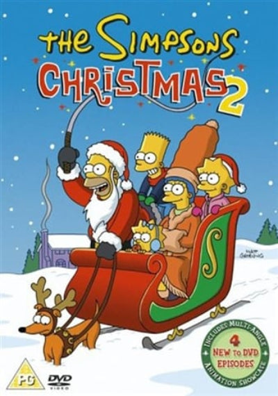 The Simpsons Christmas 2 DVD cover featuring Homer, Bart, Maggie, and Lisa Simpson in a sleigh with a reindeer, set against a snowy blue sky background with the title 'The Simpsons Christmas 2' at the top.