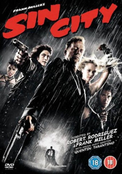 Movie poster for 'Sin City' featuring characters in a rainstorm.