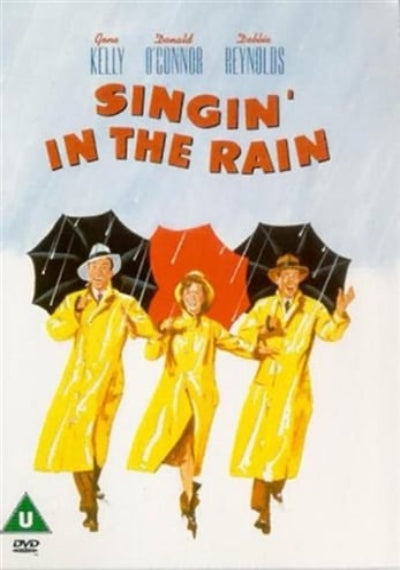 Singin' in the Rain DVD cover featuring Gene Kelly, Donald O'Connor, and Debbie Reynolds in yellow raincoats under umbrellas against a pale blue background.