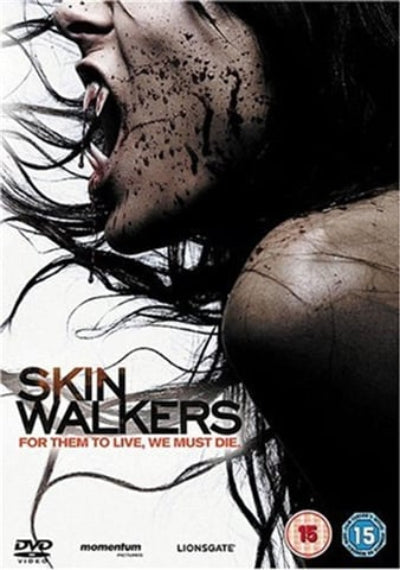 DVD cover for the horror film 'Skin Walkers', featuring a close-up of a woman's face and shoulder covered in blood splatters, with the title in bold black text and Lionsgate branding at the bottom.