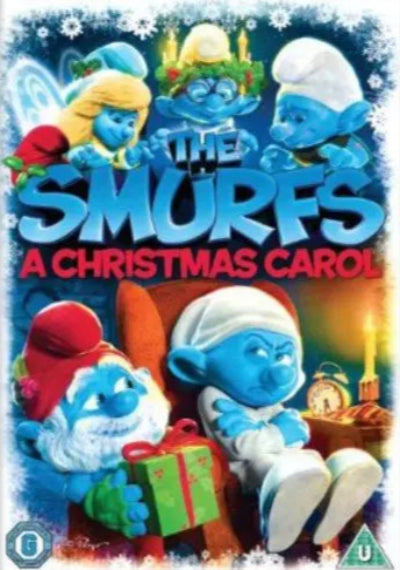 DVD cover of 'The Smurfs: A Christmas Carol' with Smurf characters and festive elements.