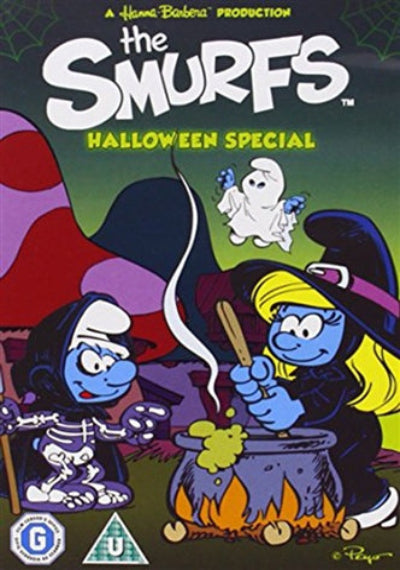The Smurfs Halloween Special cover art, featuring Smurf characters dressed as a skeleton and a witch around a cauldron with a ghost floating above, on a dark green background with the title 'The Smurfs Halloween Special' in large white and yellow text.