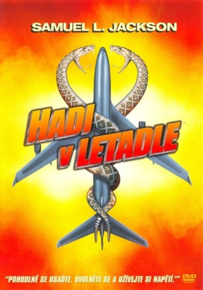 DVD cover for the film 'Hadi v letadle' starring Samuel L. Jackson, featuring a blue airplane wrapped with two coiled snakes against a bright yellow and orange gradient background.