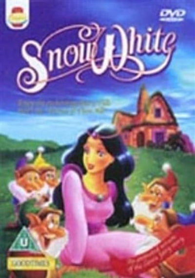 DVD cover for the animated film Snow White, featuring Snow White in a pink dress sitting among the seven dwarfs, with a blue sky and house in the background. A DVD logo is visible in the top right, and a Goodies rating badge appears in the bottom left.