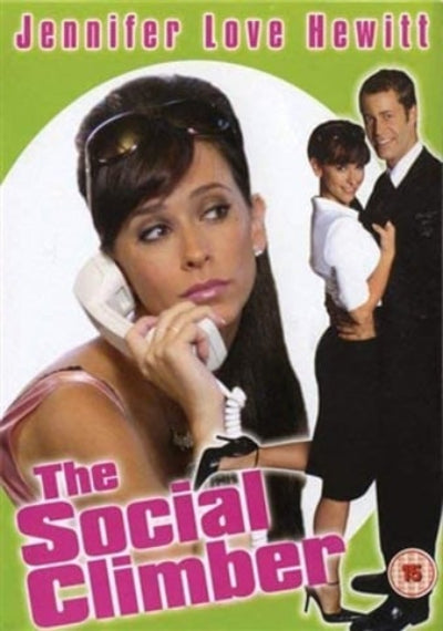 DVD cover for 'The Social Climber' starring Jennifer Love Hewitt, featuring a green background with a white circular portrait of her on a phone and a smaller inset of a man and woman, with the title in large pink text.