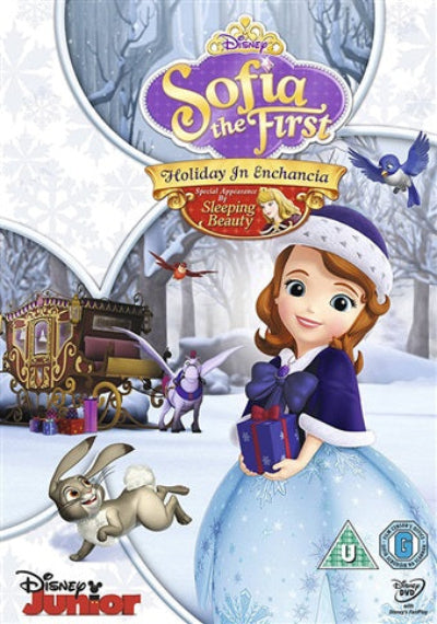 Disney Junior Sofia the First Holiday In Enchancia DVD cover art featuring Sofia in a winter dress with a sleigh, rabbit, bird, and snowy forest background.