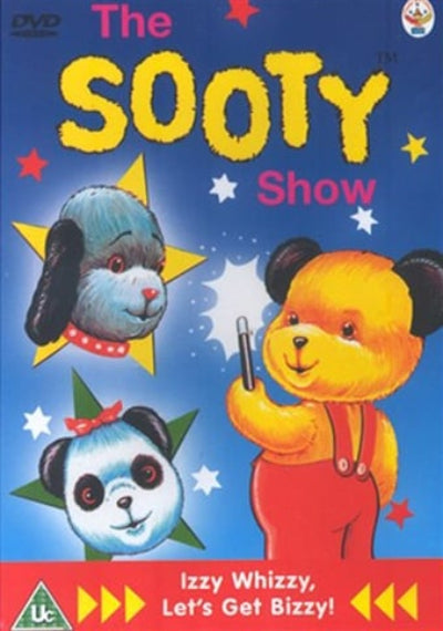 Front cover of 'The Sooty Show' DVD, featuring illustrated bear characters against a blue starry background with yellow title text and a red bottom banner.