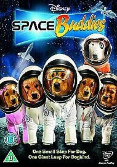 Disney Space Buddies DVD cover featuring five dogs dressed as astronauts against a starry space background, with the title 'Space Buddies' and Disney branding at the top.