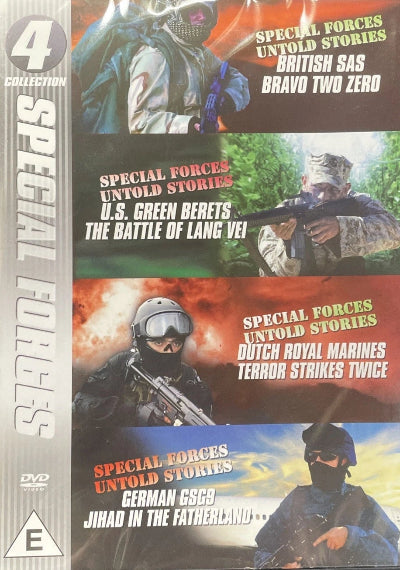 Collection of Special Forces DVDs on a black background