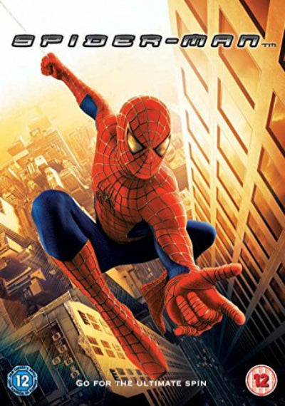 Spider-Man movie cover art showing Spider-Man swinging between tall city buildings, with the title 'SPIDER-MAN' at the top and a 12 rating badge in the lower left corner.