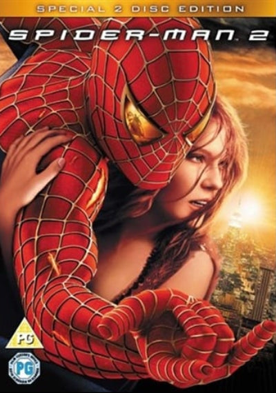Special 2 Disc Edition DVD cover for Spider-Man 2, featuring Peter Parker in his red and gold spider suit wrapping around Mary Jane Watson against a warm sunset cityscape background.