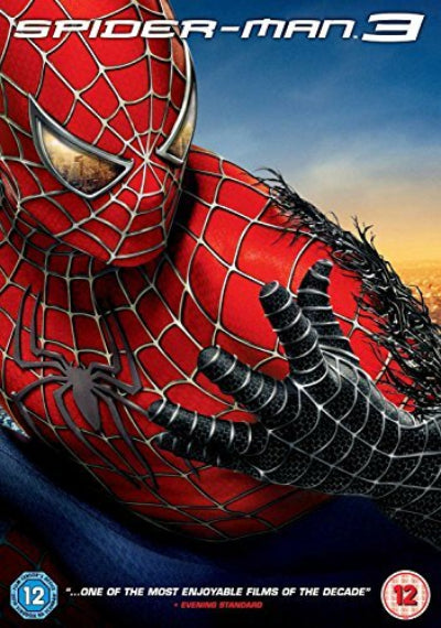 Spider-Man movie cover art featuring Spider-Man swinging between skyscrapers in a city scene, with the title 'SPIDER-MAN' at the top and a 12 age rating badge at the bottom.