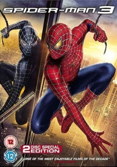 Spider-Man 3 2 Disc Special Edition movie cover featuring Spider-Man in red and blue swinging in front of a city skyline, with a black Spider-Man figure in the background. The title 'SPIDER-MAN 3' appears at the top, and age rating badges are visible at the bottom left.