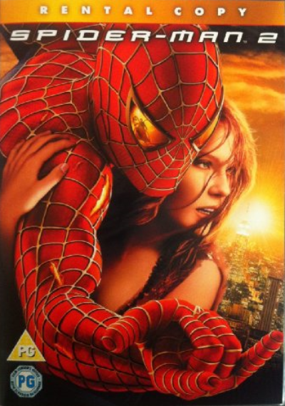 Spider-Man 2 rental copy DVD cover featuring Spider-Man wrapped around a woman against a city skyline at sunset, with 'RENTAL COPY SPIDER-MAN 2' text at the top.