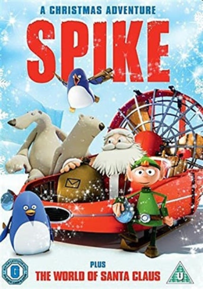 Front cover artwork for the children's movie 'Spike: A Christmas Adventure', featuring animated characters including Spike, Santa Claus, penguins, and polar bears in a red sleigh against a snowy blue background.