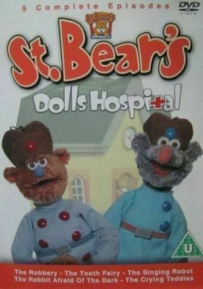 DVD cover for 'St. Bear's Dolls Hospital' featuring two puppet characters in blue outfits in front of a house, with the title in large red and white text and a DVD logo in the top right.