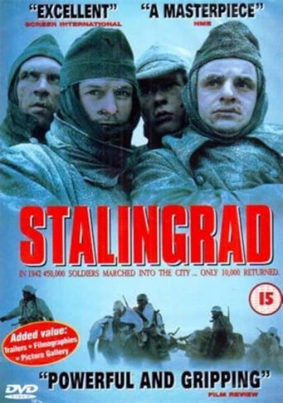 DVD cover for the film 'Stalingrad' featuring four soldiers in winter gear at the top, large red title text in the center, smaller battle imagery near the bottom, and review quotes at the top and bottom.