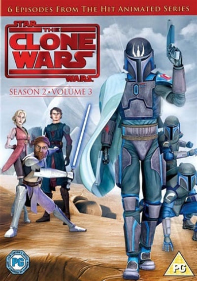 DVD cover of 'Star Wars: The Clone Wars' Season 2, Volume 3 with animated characters and Jango Fett.