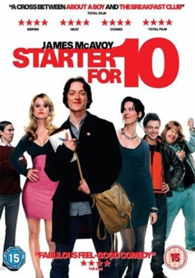 Movie poster for the 2010 film 'Starter for 10' starring James McAvoy, featuring a group of young actors in colorful clothing against a white background with red title text and rating badges.