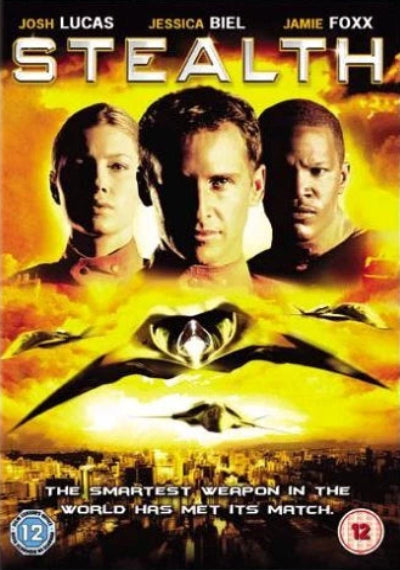 DVD cover for the movie 'Stealth' featuring Josh Lucas, Jessica Biel, and Jamie Foxx, with three military pilots and stealth fighter jets flying over a city skyline on a fiery yellow and orange background.