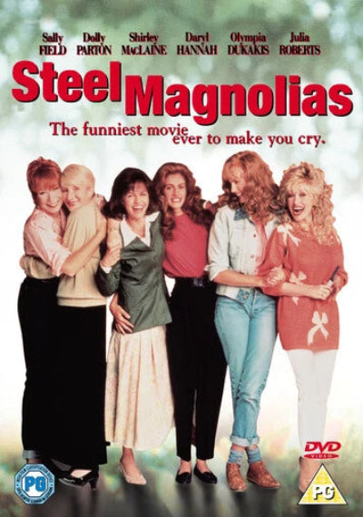 Steel Magnolias DVD cover featuring the cast members standing together against a soft green background, with the title 'Steel Magnolias' in large red letters at the top and a DVD logo in the lower right corner.