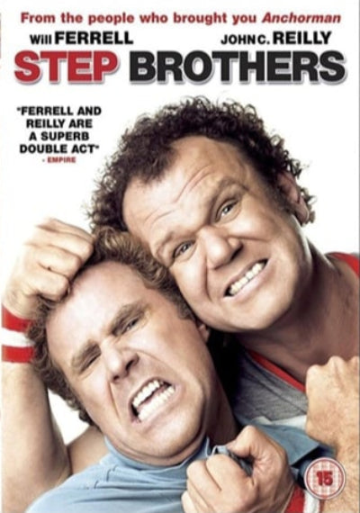 DVD cover of 'Step Brothers' featuring Will Ferrell and John C. Reilly with promotional text.