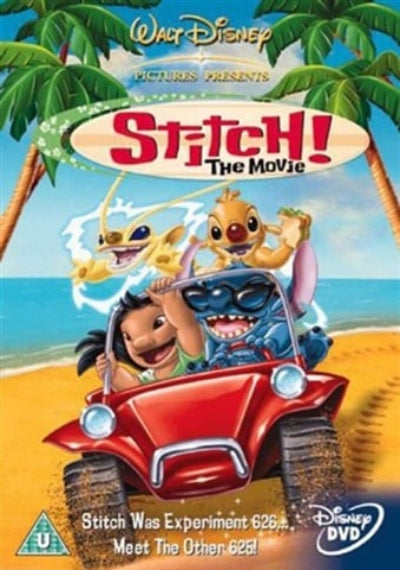 Disney DVD cover for Walt Disney Pictures' 'Stitch! The Movie' featuring Stitch, Lilo, and Angel driving a red convertible on a beach with palm trees and the title logo at the top.