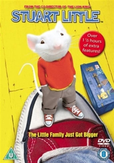 Stuart Little DVD cover featuring the white mouse character standing on a red shoe against a bright yellow background, with a blue box and promotional text on the cover.