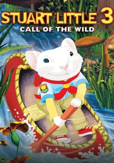Stuart Little 3: Call of the Wild cover art featuring a white cartoon raccoon in a red and blue scout uniform rowing a red canoe through water, with large title text at the top.
