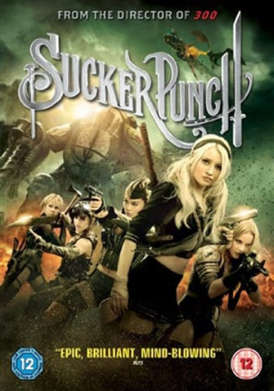 Sucker Punch movie poster artwork featuring several female action stars in combat gear, with the title 'Sucker Punch' in large stylized lettering and a dark green smoky background.