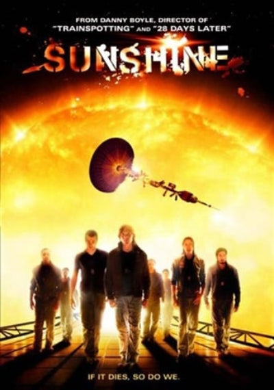 Movie poster for 'Sunshine' with a spaceship and characters against a fiery background.