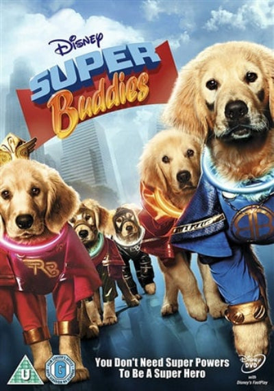Disney Super Buddies movie cover art featuring several golden retriever puppies in colorful superhero costumes against a blue sky and city background. The title 'Disney Super Buddies' appears at the top, with a DVD logo at the bottom right.