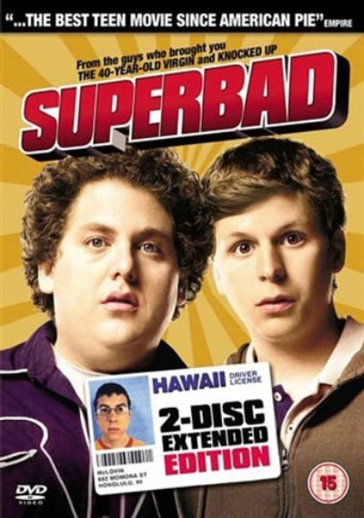 DVD cover of 'Superbad' with two characters holding a driver's license
