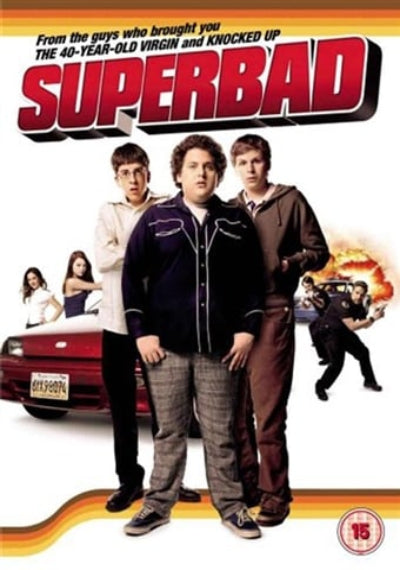 Superbad movie cover art featuring three young men standing in front of a red car, with the title 'SUPERBAD' in large red letters at the top and a 15 rating logo in the bottom right corner.