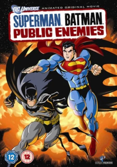 DC Universe Animated Original Movie poster for 'Superman Batman Public Enemies' featuring Superman and Batman in action poses against a fiery orange and black background.