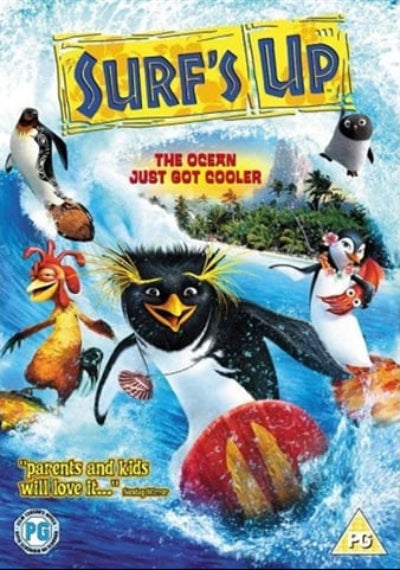 DVD cover for the movie 'Surf's Up' featuring animated penguins surfing on blue ocean waves, with the title 'SURF'S UP' in large yellow letters at the top and a PG rating logo at the bottom.