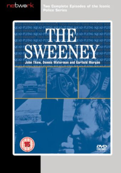 DVD cover for 'The Sweeney' featuring blue-toned police squadron imagery, large white title text, actor names, a red 15 rating logo, and a Network logo at the top.