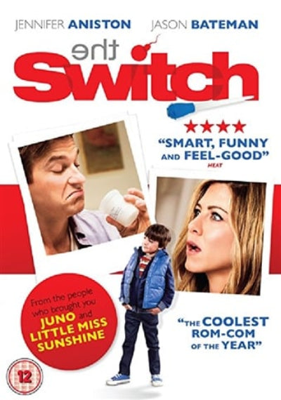 Movie poster for the film 'Bitch Switch' featuring Jennifer Aniston and Jason Bateman, with large red title text, quote callouts, and character photos on a white background.