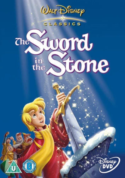 Disney Classics DVD cover for 'The Sword in the Stone' featuring the animated character Ganelon holding a glowing sword, with Walt Disney Classics branding and a Disney DVD logo on a blue background.
