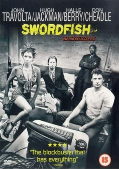 Movie poster for 'Swordfish' featuring four main characters in a black and white setting.