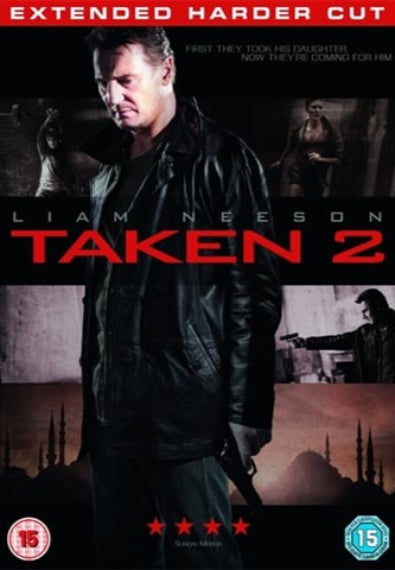DVD cover of 'Taken 2' featuring Liam Neeson with action scenes and text.