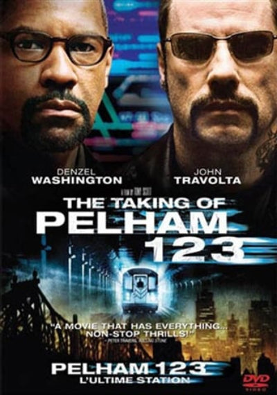 Movie poster for 'The Taking of Pelham 123' featuring Denzel Washington and John Travolta.