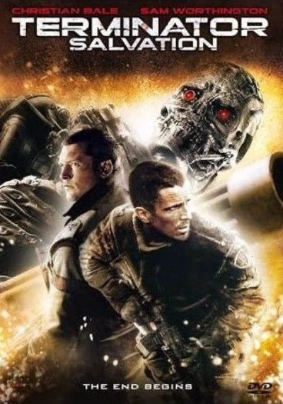 Movie poster for 'Terminator Salvation' featuring two humans and a robot.